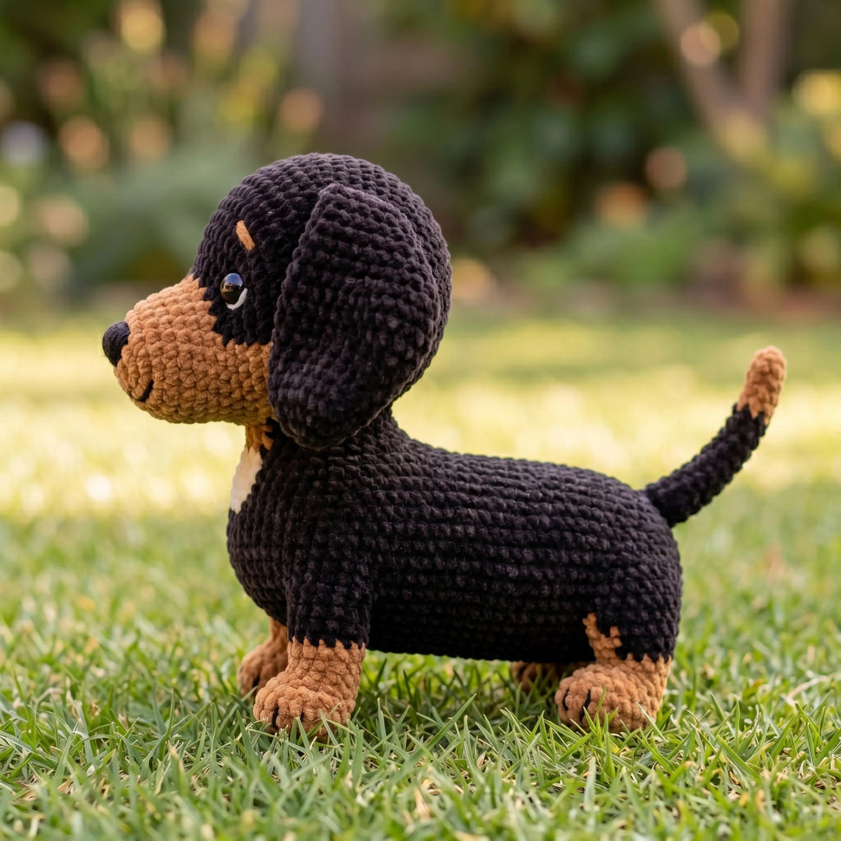 A crocheted dachshund toy dog standing on green grass in an outdoor garden setting.