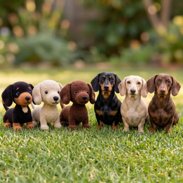 Six crocheted dachshund dog toys in various colors are lined up on a green grass lawn with a soft, blurred garden background.