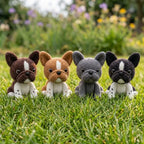 Handmade crochet French Bulldog amigurumi dog plushies collection displayed outdoors.