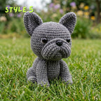 Handmade solid grey crochet French Bulldog amigurumi plushie with "STYLE 5" text overlay sitting on green grass.