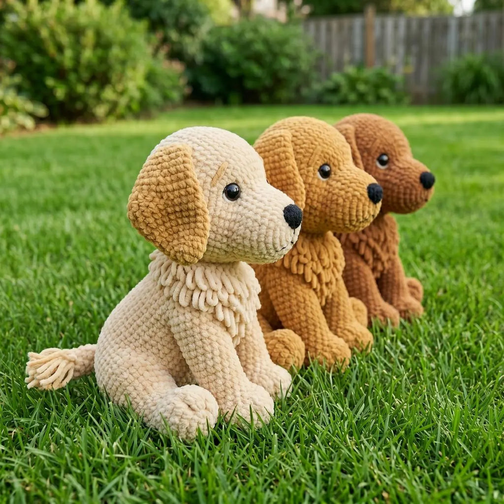 Three crocheted plush puppy toys in cream, tan, and brown sit in a row on a green grass lawn with a blurred garden background.