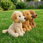 Three crocheted plush puppy toys in cream, tan, and brown sit in a row on a green grass lawn with a blurred garden background.