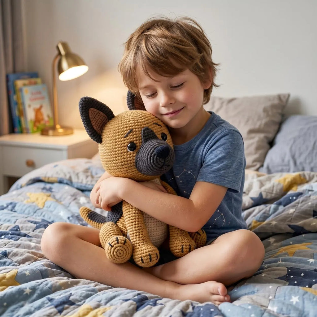 A young boy with light brown hair sits cross-legged on a blue and yellow star-patterned quilted bedspread, hugging a crocheted plush dog toy. He is wearing a blue t-shirt in a cozy bedroom setting with a bedside table and lamp in the background.