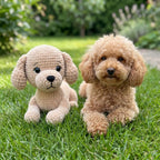 A beige crocheted dog toy sits on green grass beside a real fluffy tan dog in an outdoor garden setting.