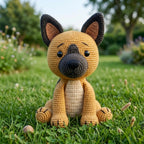A crocheted plush dog toy sitting on green grass in an outdoor garden setting. The toy has a golden tan body, a cream-colored chest, and a dark charcoal gray snout, ears, and paws, with small black bead eyes.
