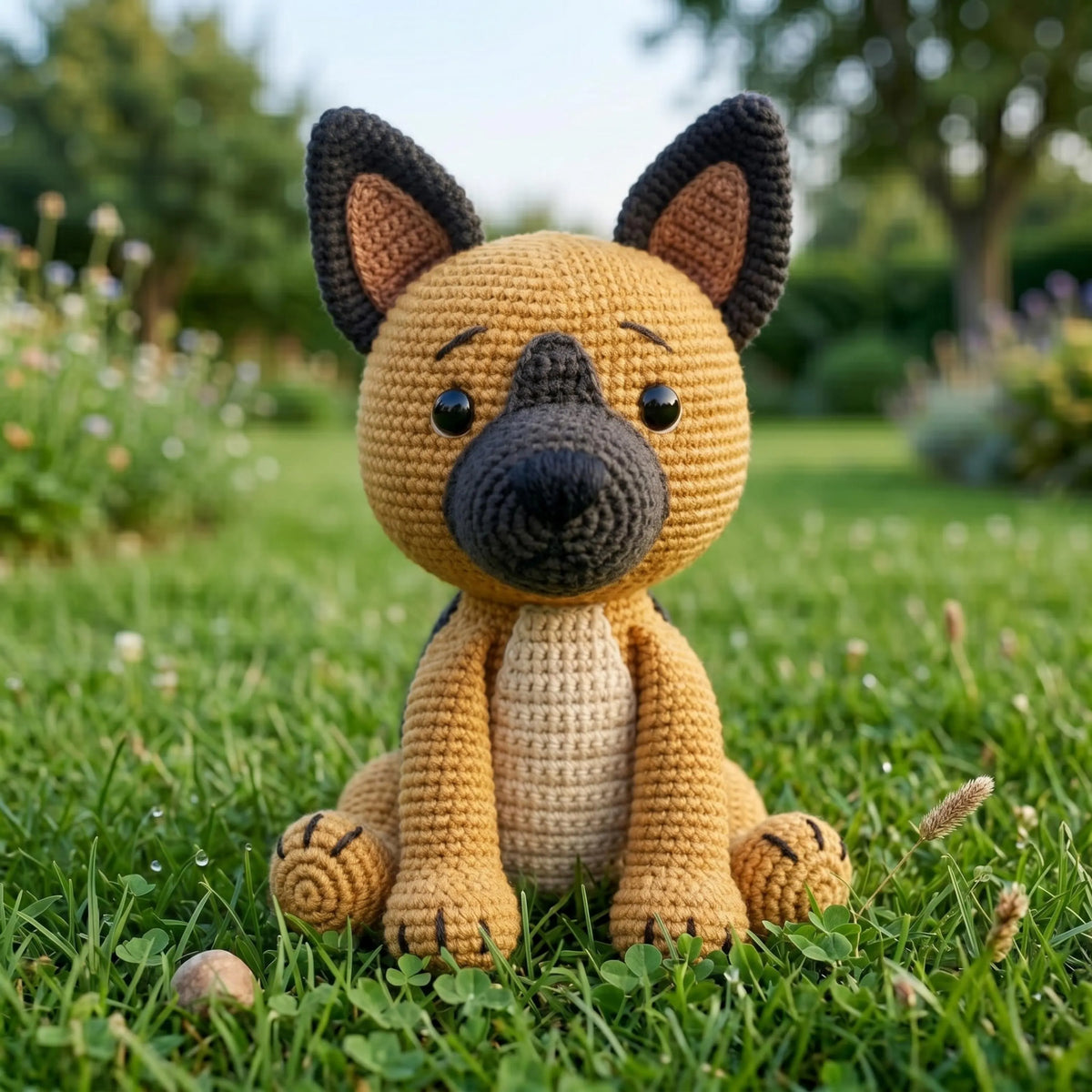 A crocheted plush dog toy sitting on green grass in an outdoor garden setting. The toy has a golden tan body, a cream-colored chest, and a dark charcoal gray snout, ears, and paws, with small black bead eyes.