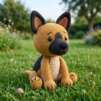 A crocheted plush dog toy with tan, black, and cream colors sits on a green grassy lawn with a blurred garden background.