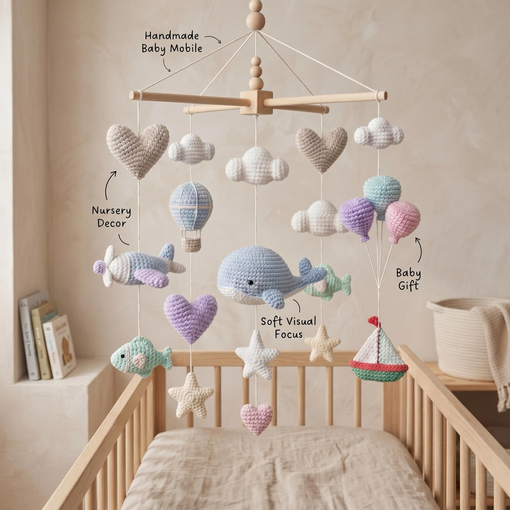 Ocean Whale Baby Mobile, Crochet Hot Air Balloon Airplane Crib Mobile
