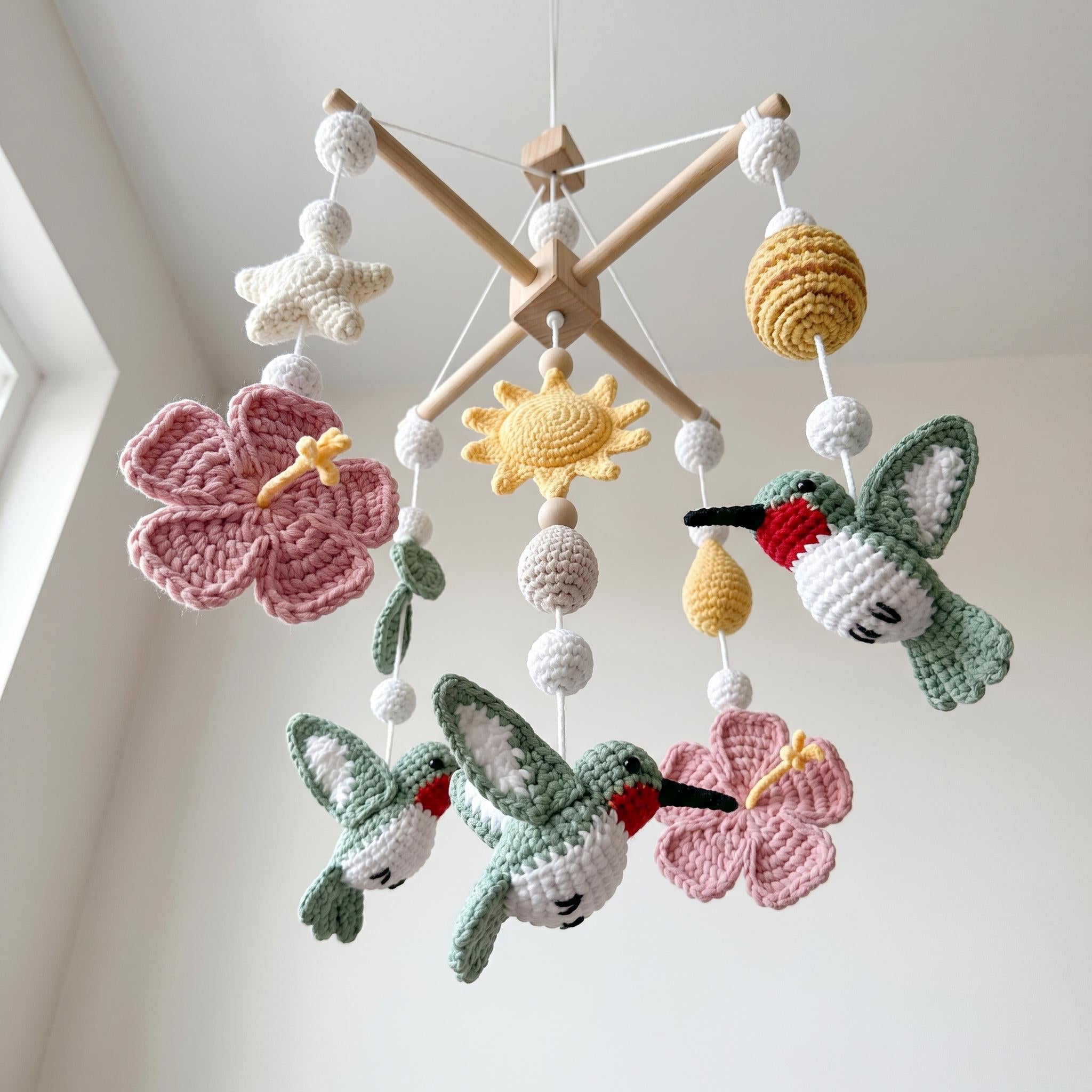 Hummingbird Baby Mobile, Crochet Flower Bird Crib Mobile