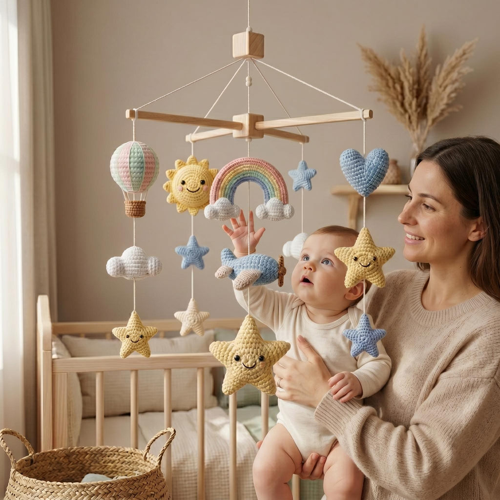 Rainbow Sun Baby Mobile, Crochet Star Cloud Airplane Crib Mobile