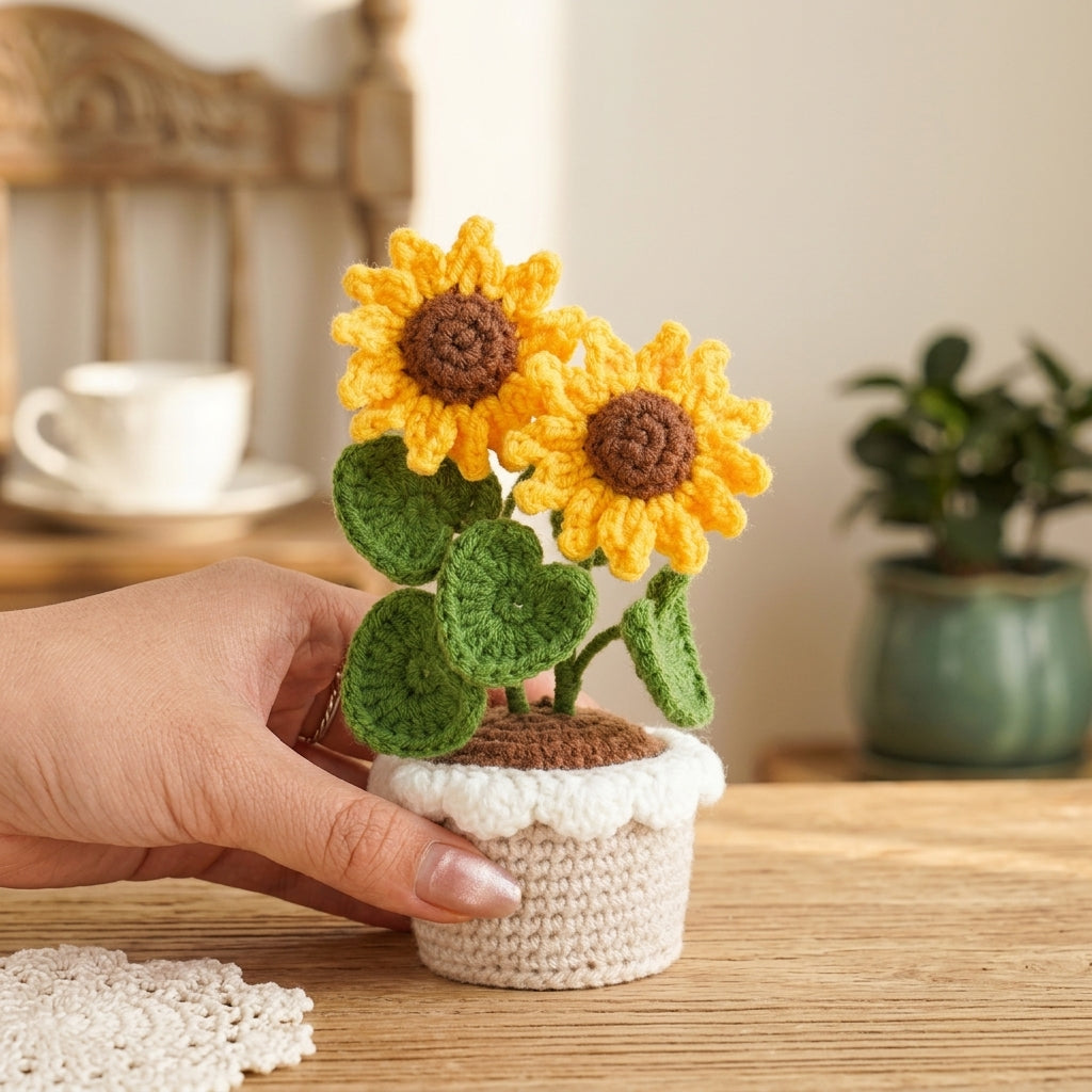 Crochet Sunflower Pot Pattern, Cute Floral Plant PDF Free Gift