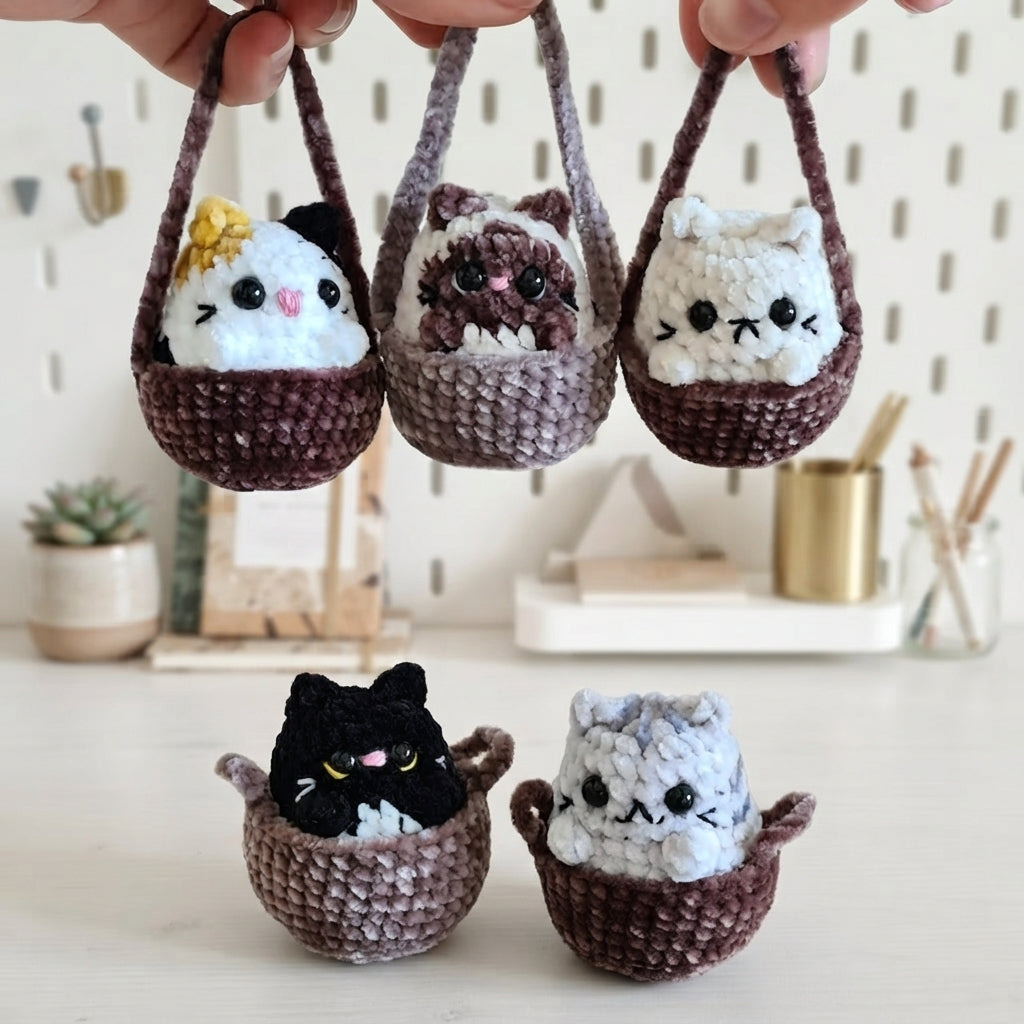 Cozy Cats Crochet Pattern, Cute Kitty Basket Keychain PDF Free Gift