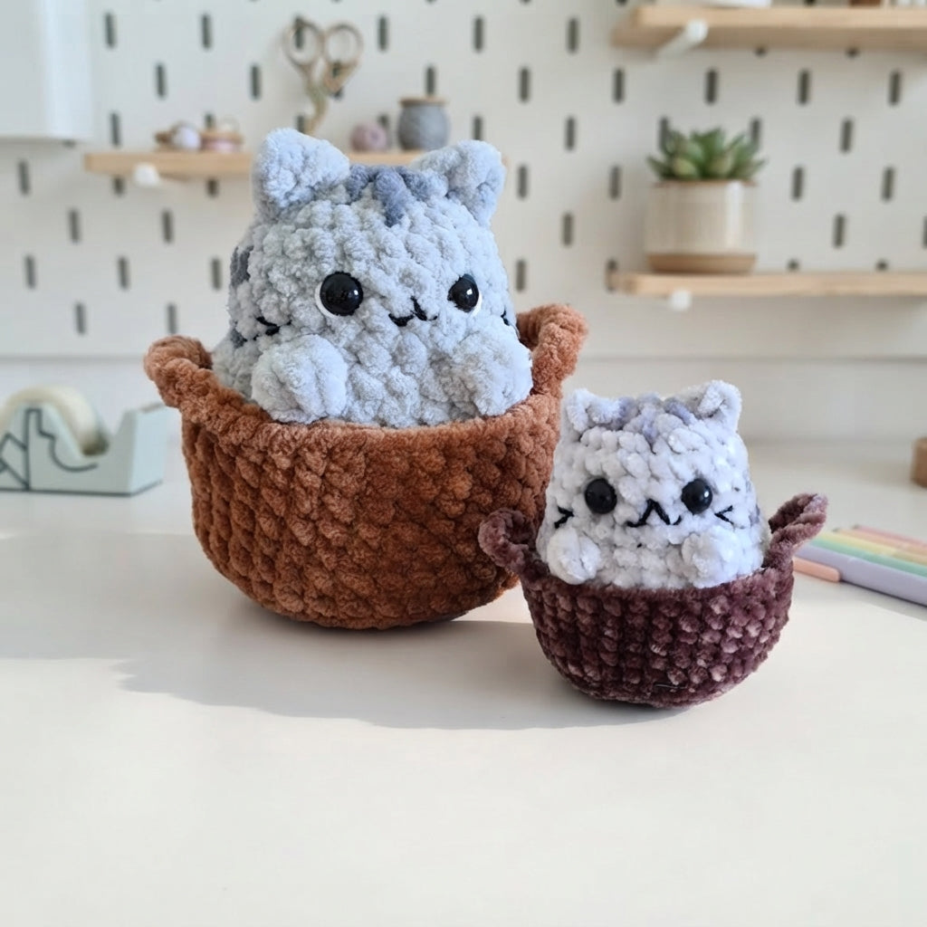 Cozy Cats Crochet Pattern, Cute Kitty Basket Keychain PDF Free Gift