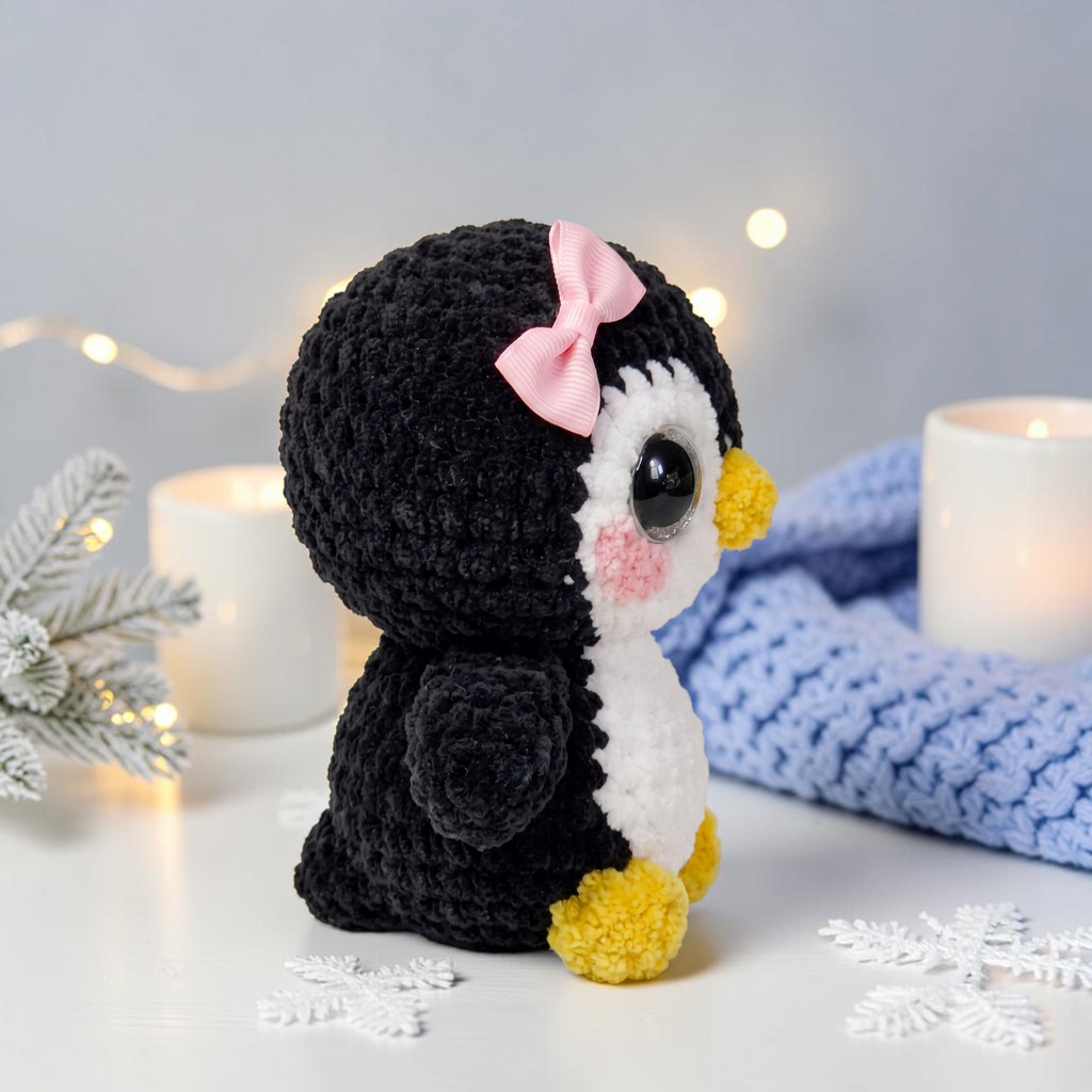 Cute Penguin Crochet Pattern PDF – Amigurumi Penguin Plush with Pink Bow