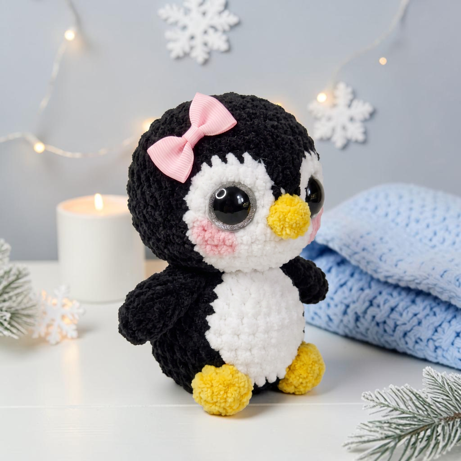 Cute Penguin Crochet Pattern PDF – Amigurumi Penguin Plush with Pink Bow