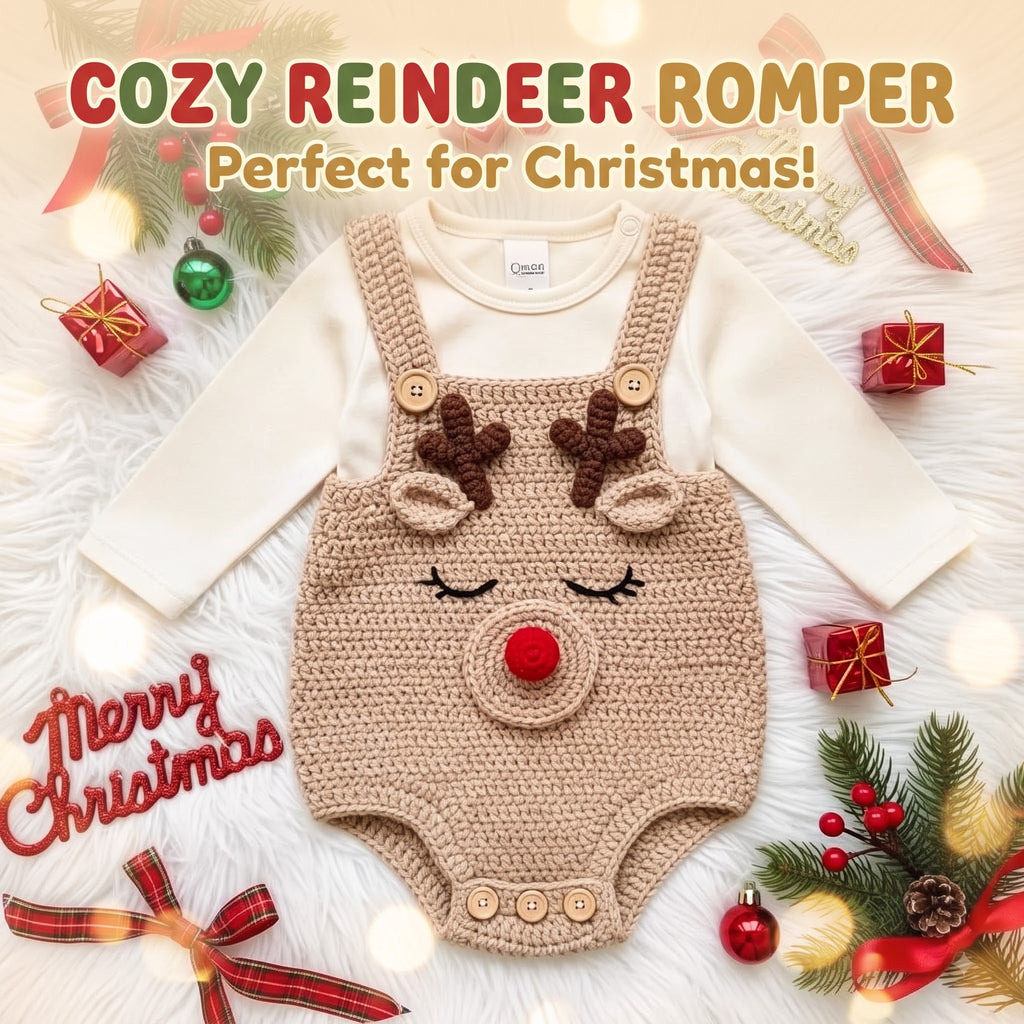Crochet Reindeer Baby Romper, Handmade Christmas Overalls, Newborn Photo Prop, Baby’s First Christmas Outfit, Holiday Baby Gift