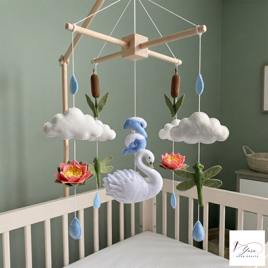 Serene Pond Felt Baby Mobile, Handmade Swan Crib Hanging with Lotus Flowers, Dragonflies and Raindrops