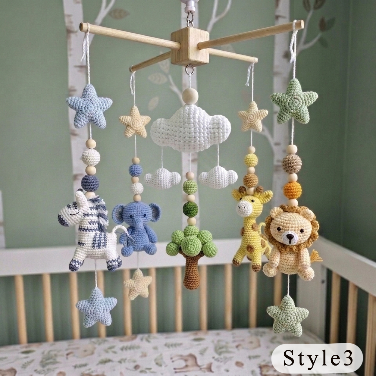 Savanna Friends Crochet Nursery Mobile, Handmade Amigurumi Crib Hanging with Tree, Clouds and Stars, Newborn Gift