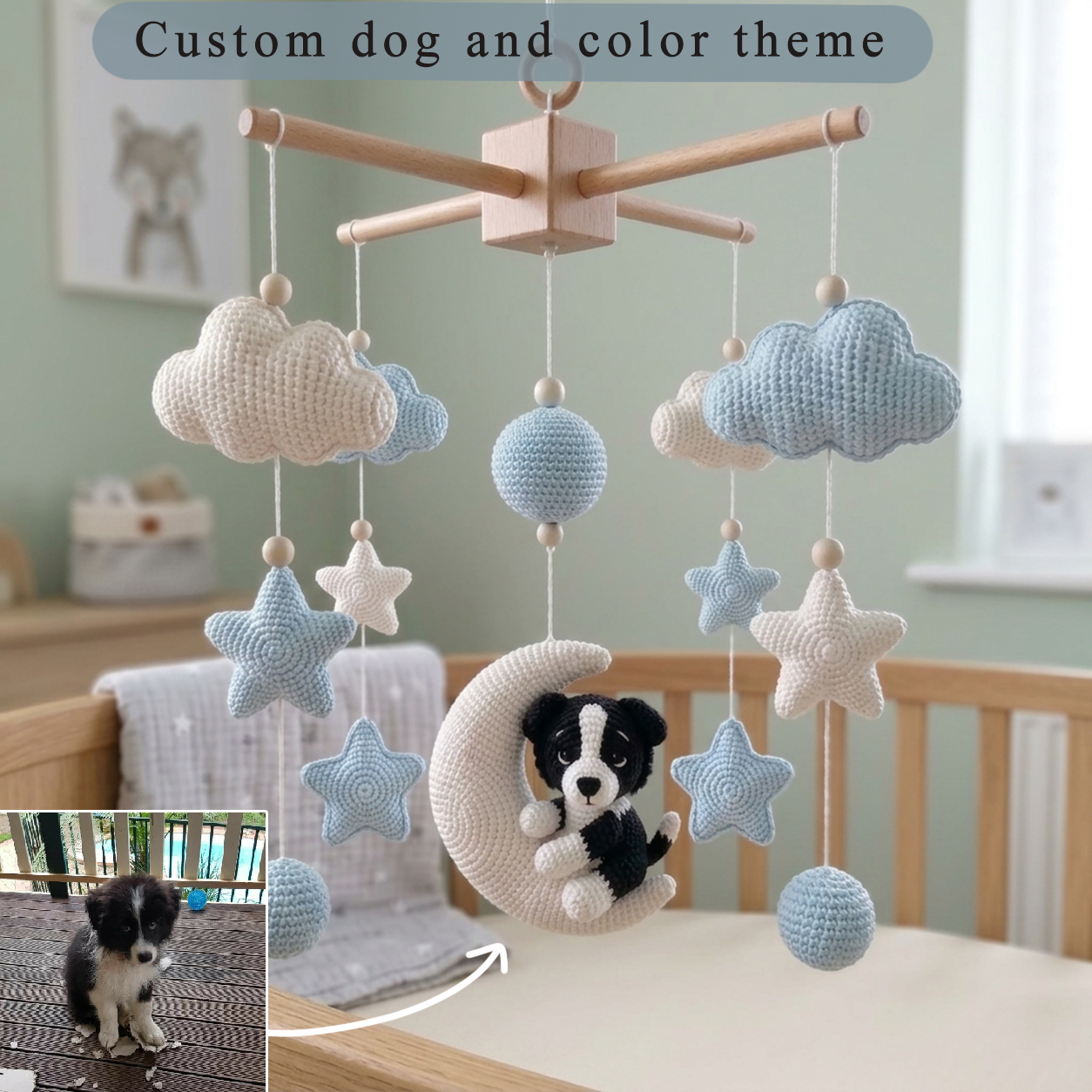 Personalized Dog Crochet Baby Mobile, Custom Color Nursery Decor