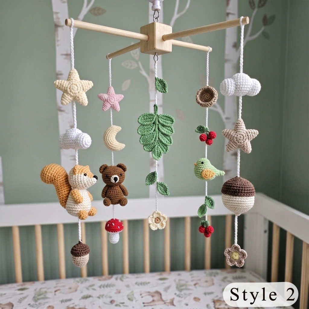 Acorn Grove Crochet Baby Mobile, Handmade Woodland Crib Hanging with Squirrel, Bear, Bird and Forest Leaves