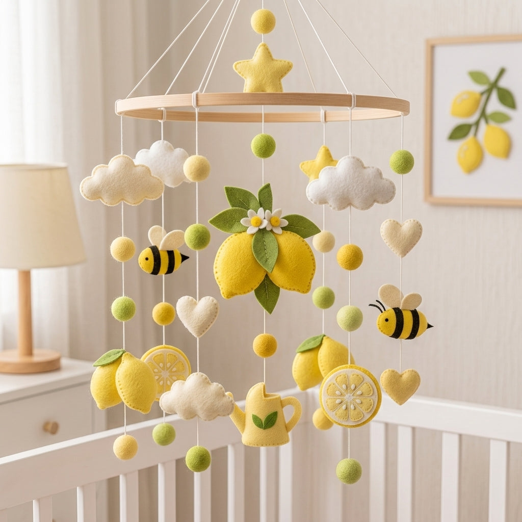 A baby crib mobile with a lemon and cloud theme, featuring felt lemon slices, whole and halved lemons, white clouds, yellow stars, bumblebees, and a small yellow teapot, hanging in a softly lit nursery.