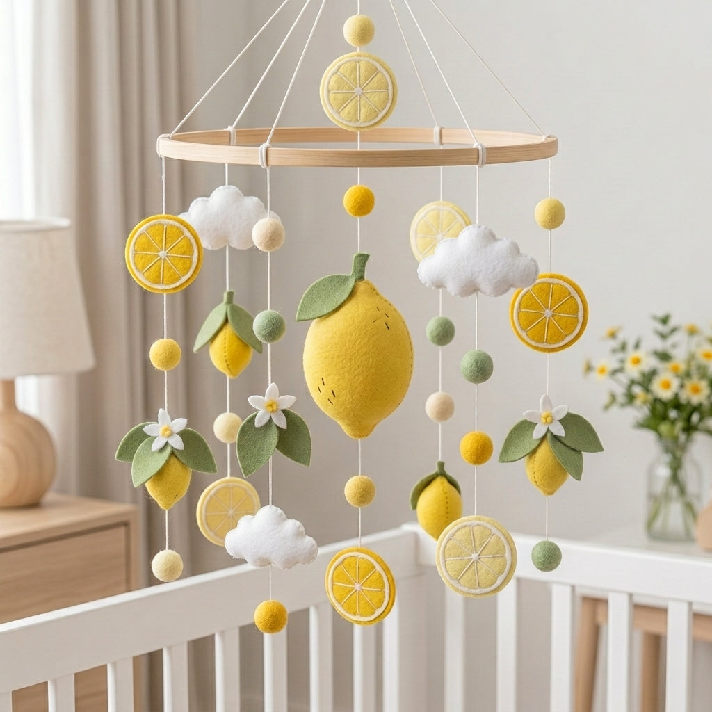A baby nursery mobile featuring felt lemons, lemon slices, white clouds, and small white flowers hanging from a wooden ring over a white crib.