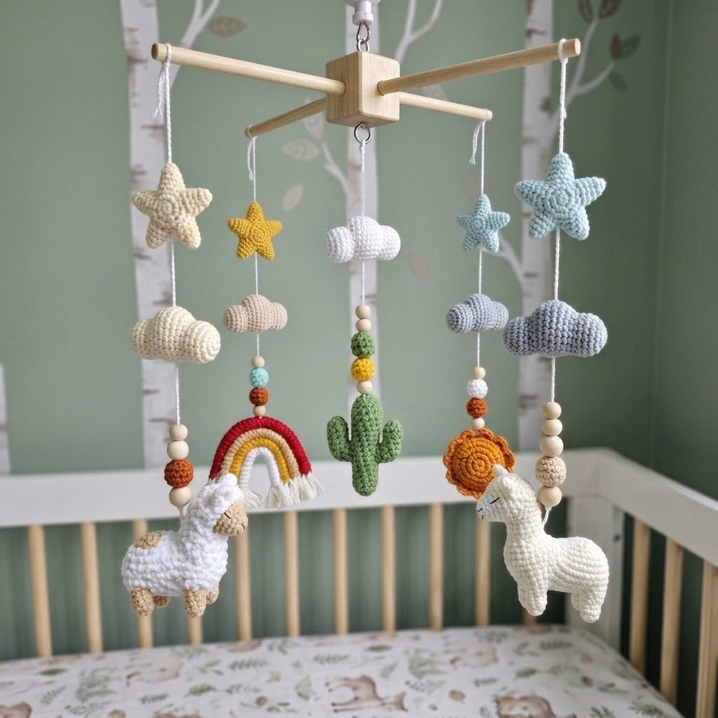 Boho Llama Crochet Baby Mobile, Handmade Desert Crib Hanging with Rainbow, Cactus, Stars and Clouds