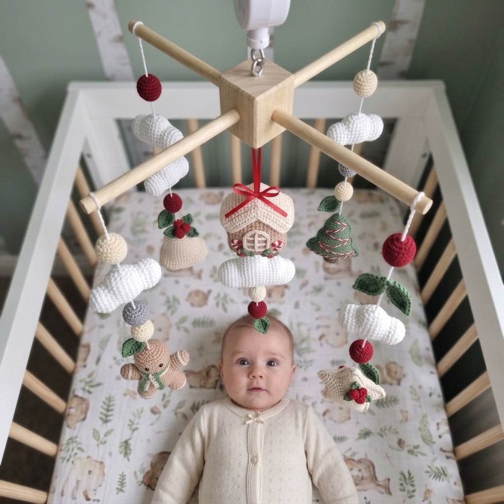 A baby in a cream onesie lies in a wooden crib, looking up at a hanging wooden baby mobile with crocheted Christmas-themed ornaments including a gingerbread house, tree, beads, and small plush figures.