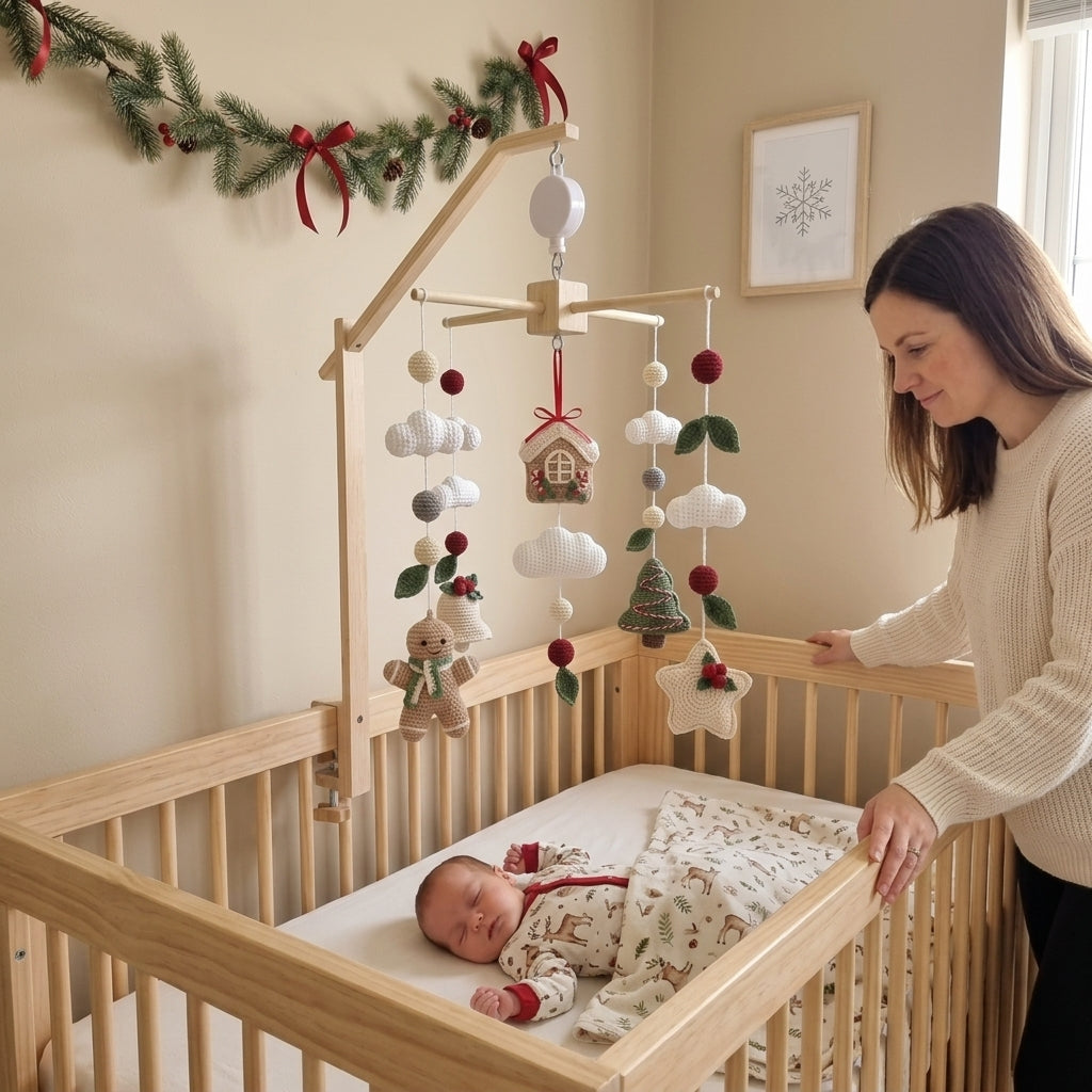 A baby in a wooden crib wearing a holiday-themed onesie, with a woman standing beside the crib. Above the crib is a wooden arch mobile decorated with white clouds, red pom-poms, green leaves, gingerbread houses, and a small Christmas tree.