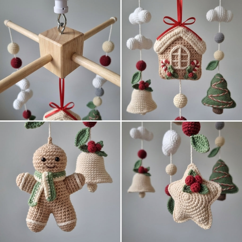 A 2x2 collage showing four different handmade crochet Christmas ornaments hanging against a light gray background: a wooden hanging rod with bead garlands, a crocheted house ornament with red ribbon and holiday details, a crocheted gingerbread man with green scarf, and a crocheted star ornament with red berries and green leaves.