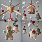 A 2x2 collage showing four different handmade crochet Christmas ornaments hanging against a light gray background: a wooden hanging rod with bead garlands, a crocheted house ornament with red ribbon and holiday details, a crocheted gingerbread man with green scarf, and a crocheted star ornament with red berries and green leaves.
