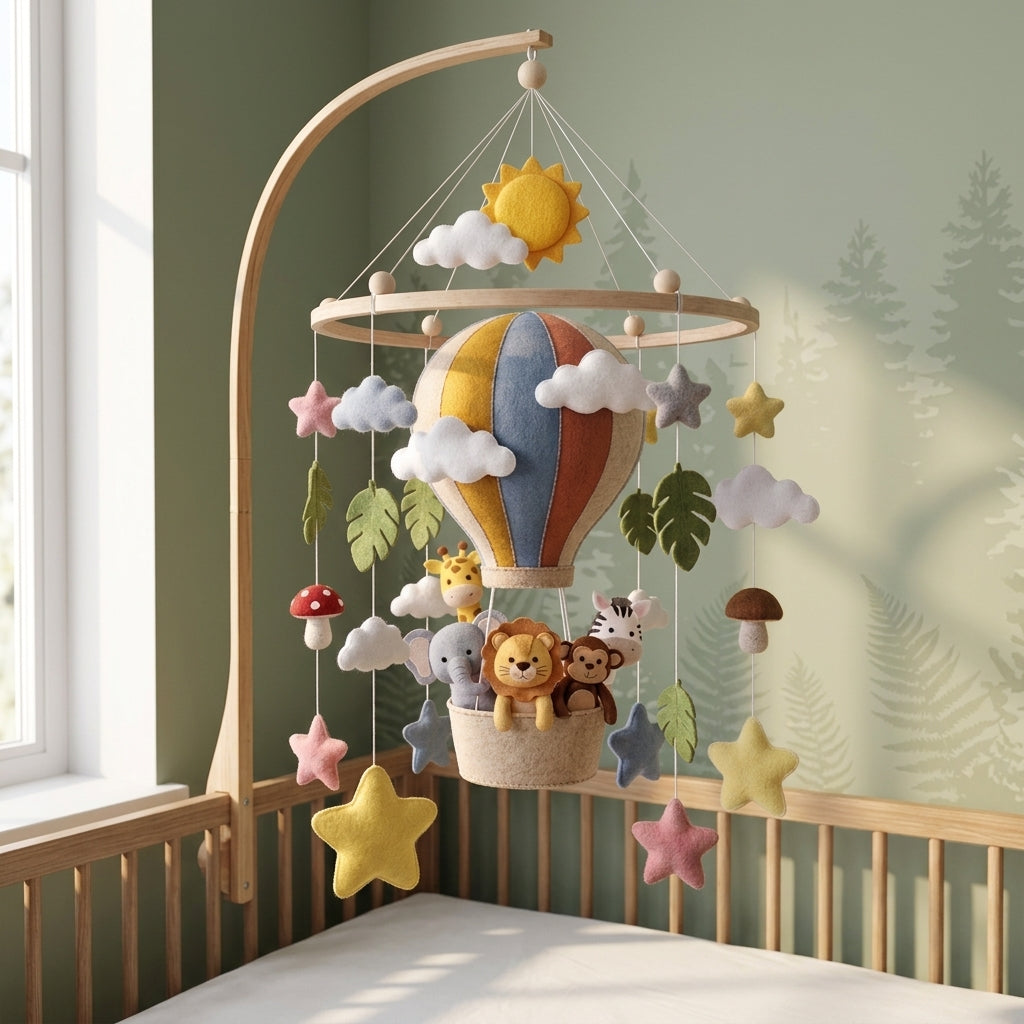 Felt safari hot air balloon baby mobile with giraffe, elephant, lion, monkey, zebra, stars and tropical leaves