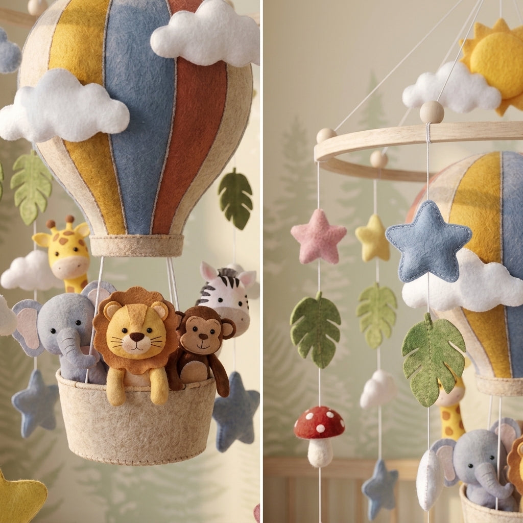 Handmade Felt Hot Air Balloon Baby Mobile – Safari Animal Nursery Crib Decor