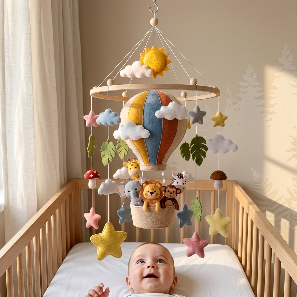 Handmade Felt Hot Air Balloon Baby Mobile – Safari Animal Nursery Crib Decor