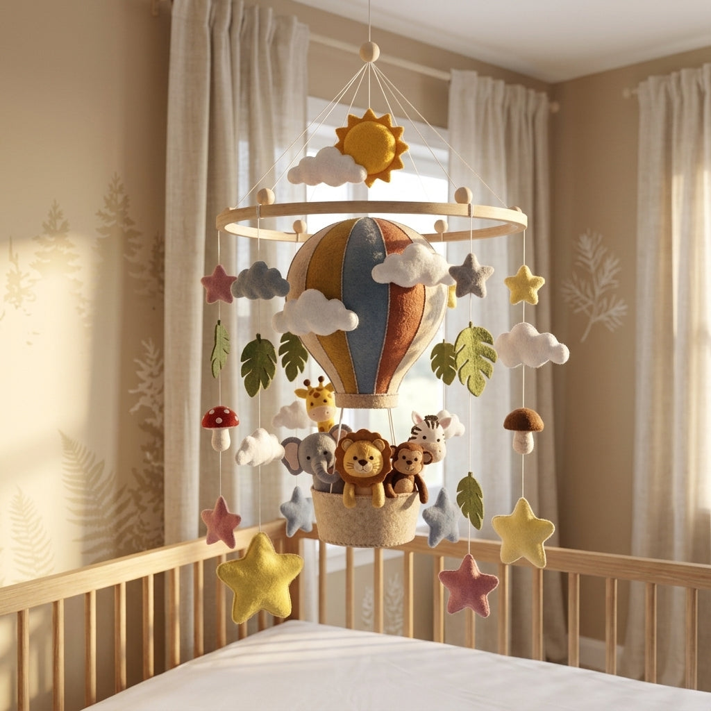 Handmade Felt Hot Air Balloon Baby Mobile – Safari Animal Nursery Crib Decor