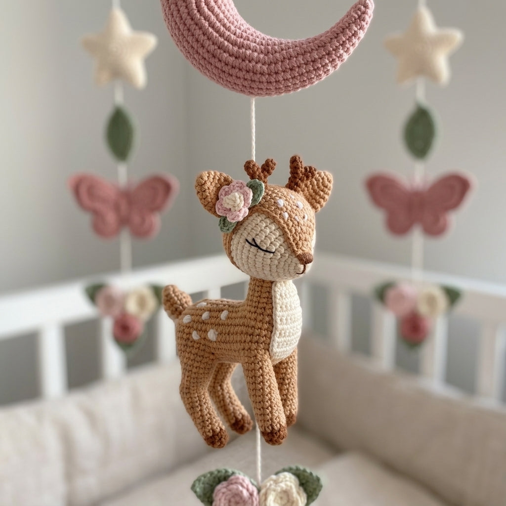 Crochet Deer Baby Mobile, Butterfly Flower Nursery Crib Mobile