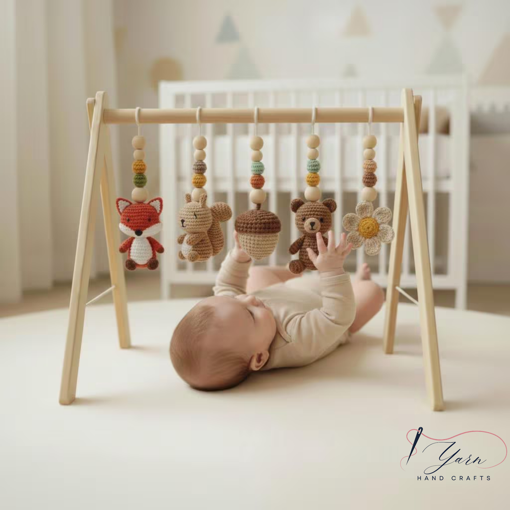 Handmade Custom Woodland Baby Gym | Personalized Wooden Play Gym with Crochet Forest Friends Theme Toys | Neutral Montessori Nursery Decor | Baby Shower Gift