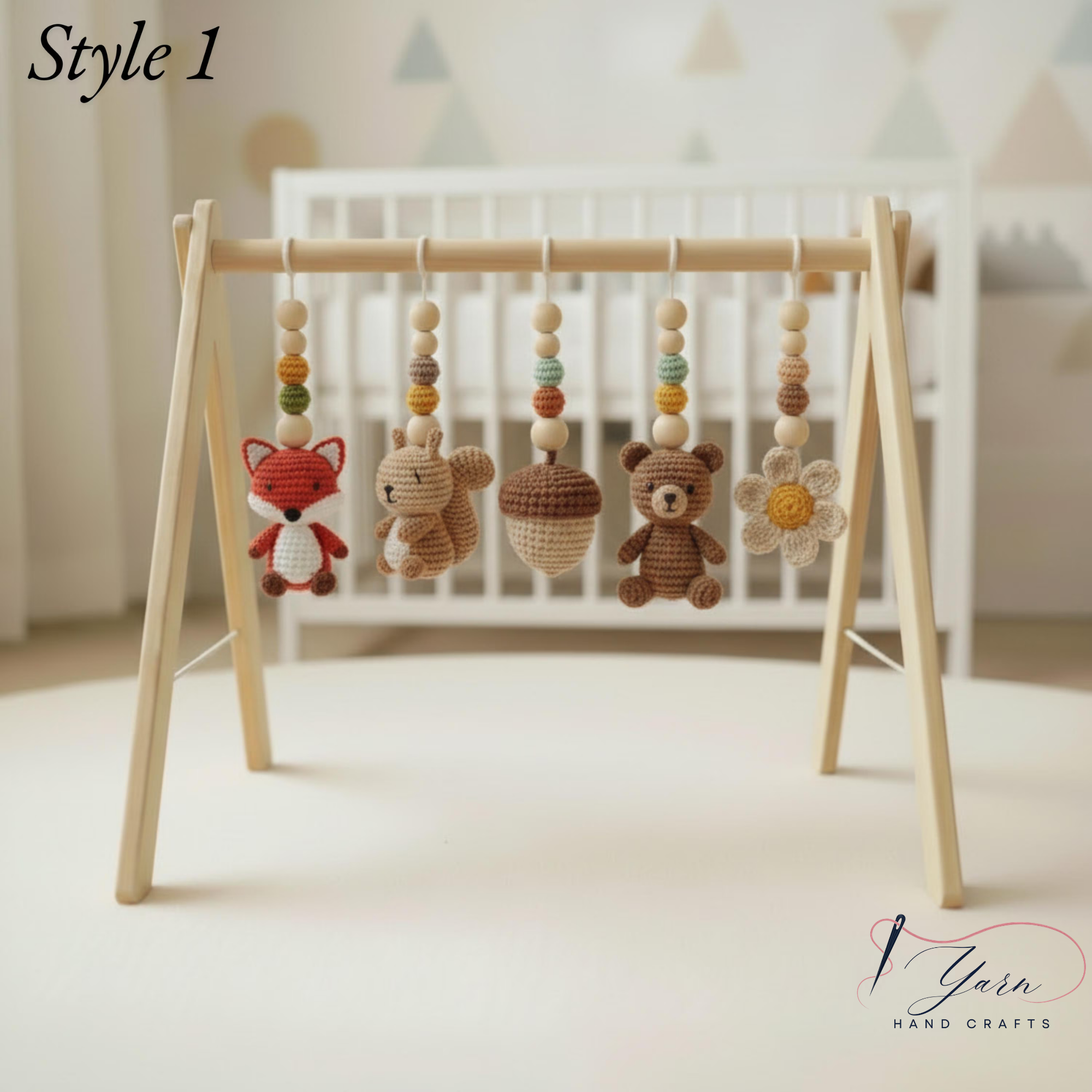 Handmade Custom Woodland Baby Gym | Personalized Wooden Play Gym with Crochet Forest Friends Theme Toys | Neutral Montessori Nursery Decor | Baby Shower Gift