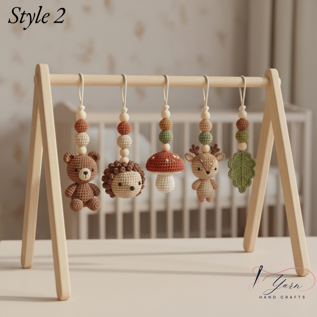 Handmade Custom Woodland Baby Gym | Personalized Wooden Play Gym with Crochet Forest Friends Theme Toys | Neutral Montessori Nursery Decor | Baby Shower Gift