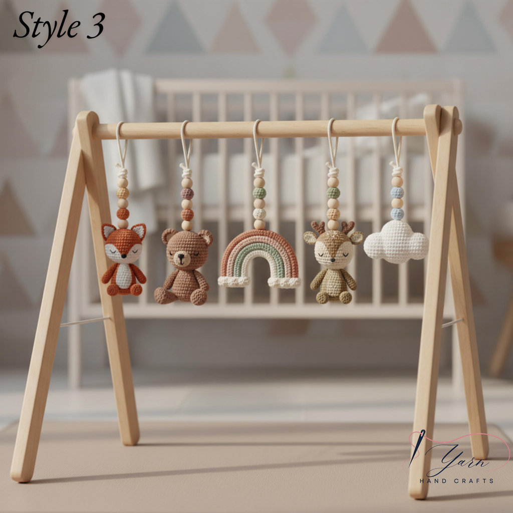 Handmade Custom Woodland Baby Gym | Personalized Wooden Play Gym with Crochet Forest Friends Theme Toys | Neutral Montessori Nursery Decor | Baby Shower Gift