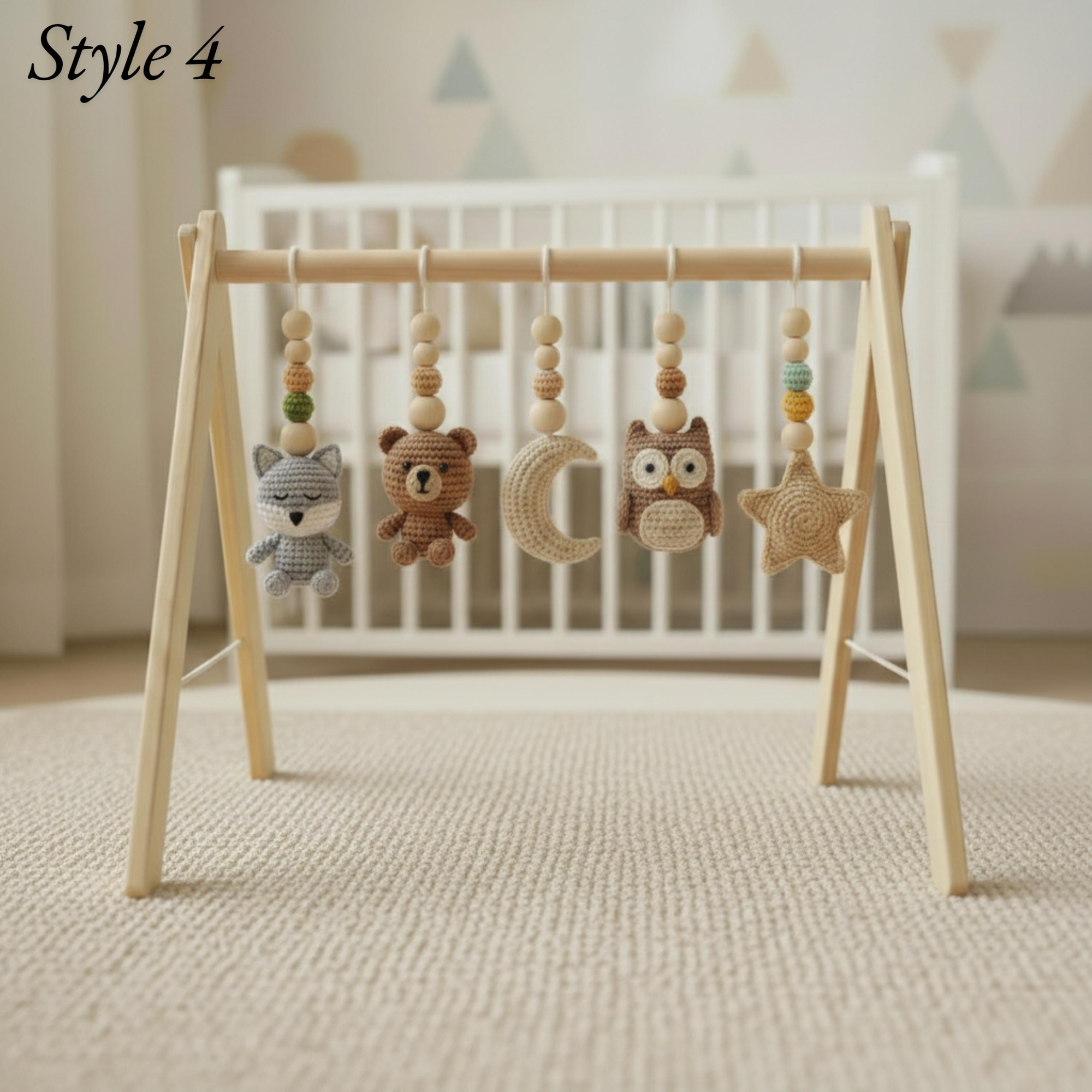 Handmade Custom Woodland Baby Gym | Personalized Wooden Play Gym with Crochet Forest Friends Theme Toys | Neutral Montessori Nursery Decor | Baby Shower Gift