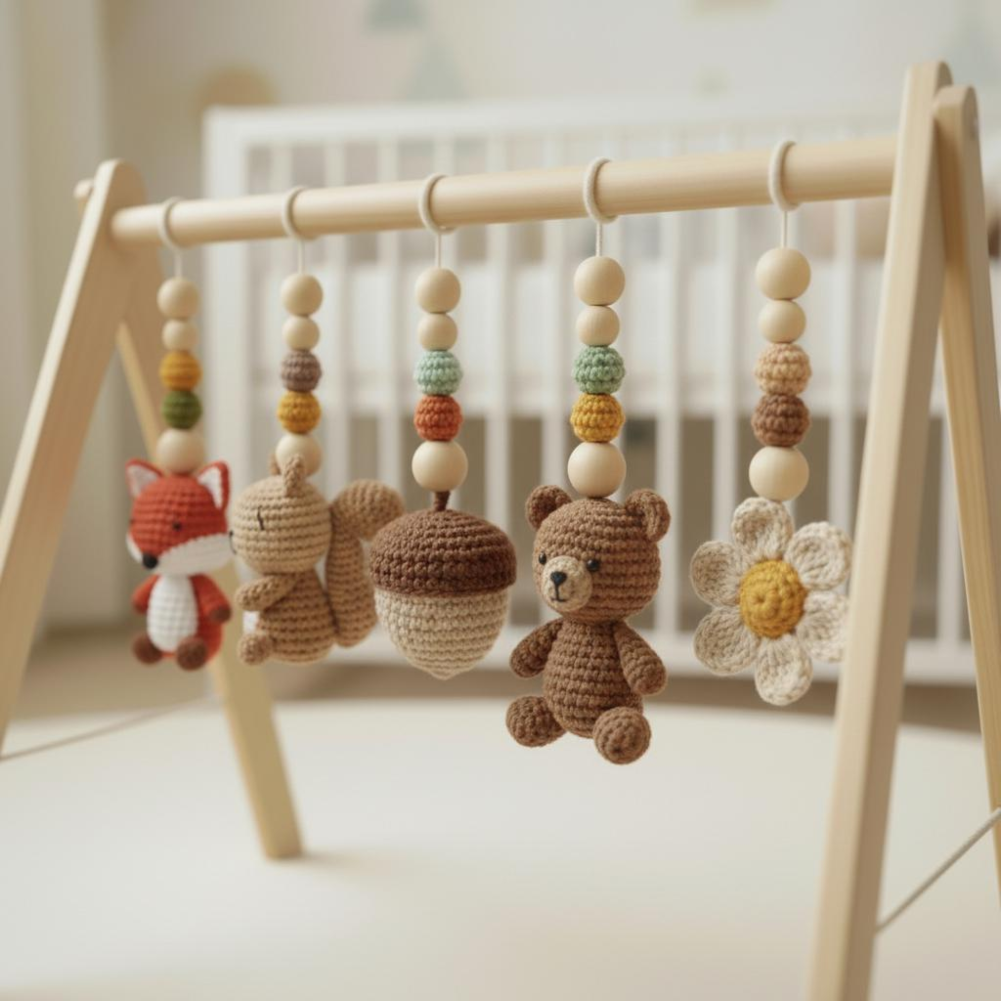 Handmade Custom Woodland Baby Gym | Personalized Wooden Play Gym with Crochet Forest Friends Theme Toys | Neutral Montessori Nursery Decor | Baby Shower Gift
