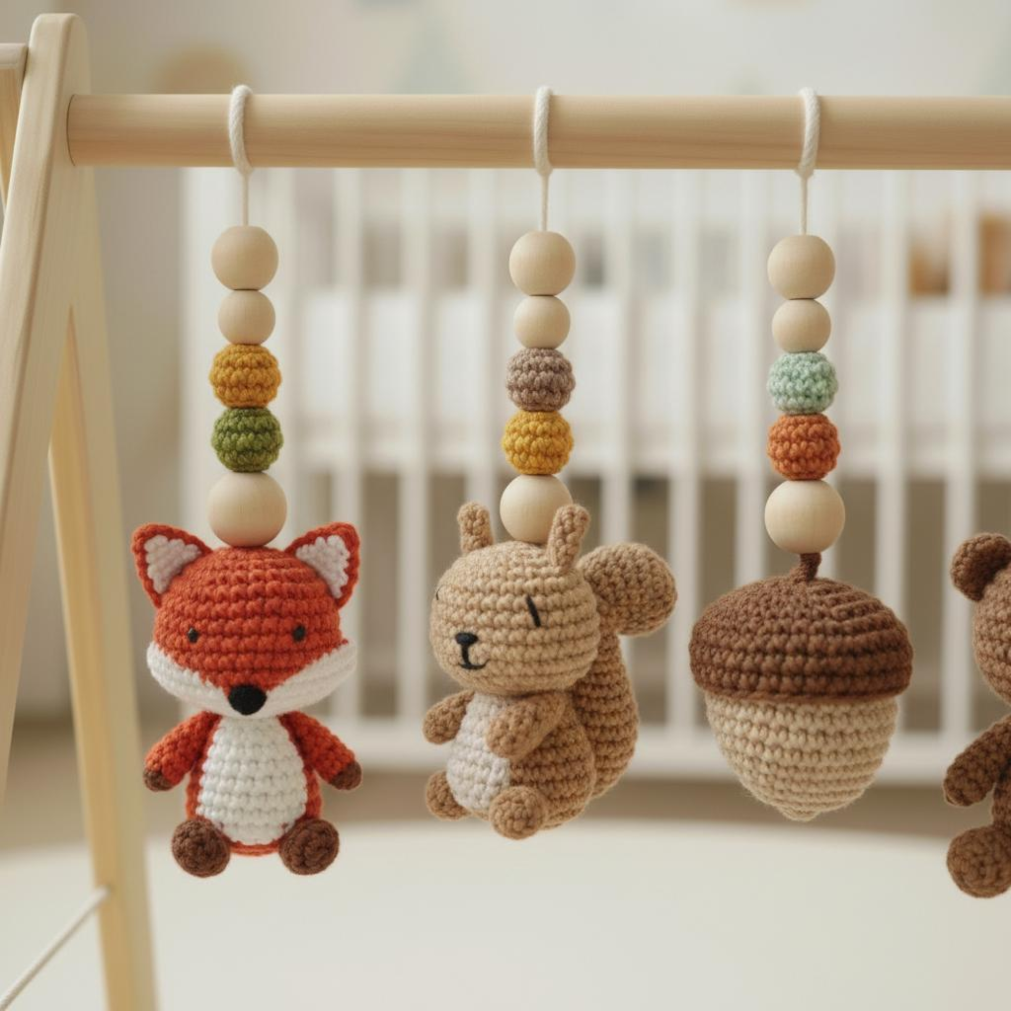 Handmade Custom Woodland Baby Gym | Personalized Wooden Play Gym with Crochet Forest Friends Theme Toys | Neutral Montessori Nursery Decor | Baby Shower Gift
