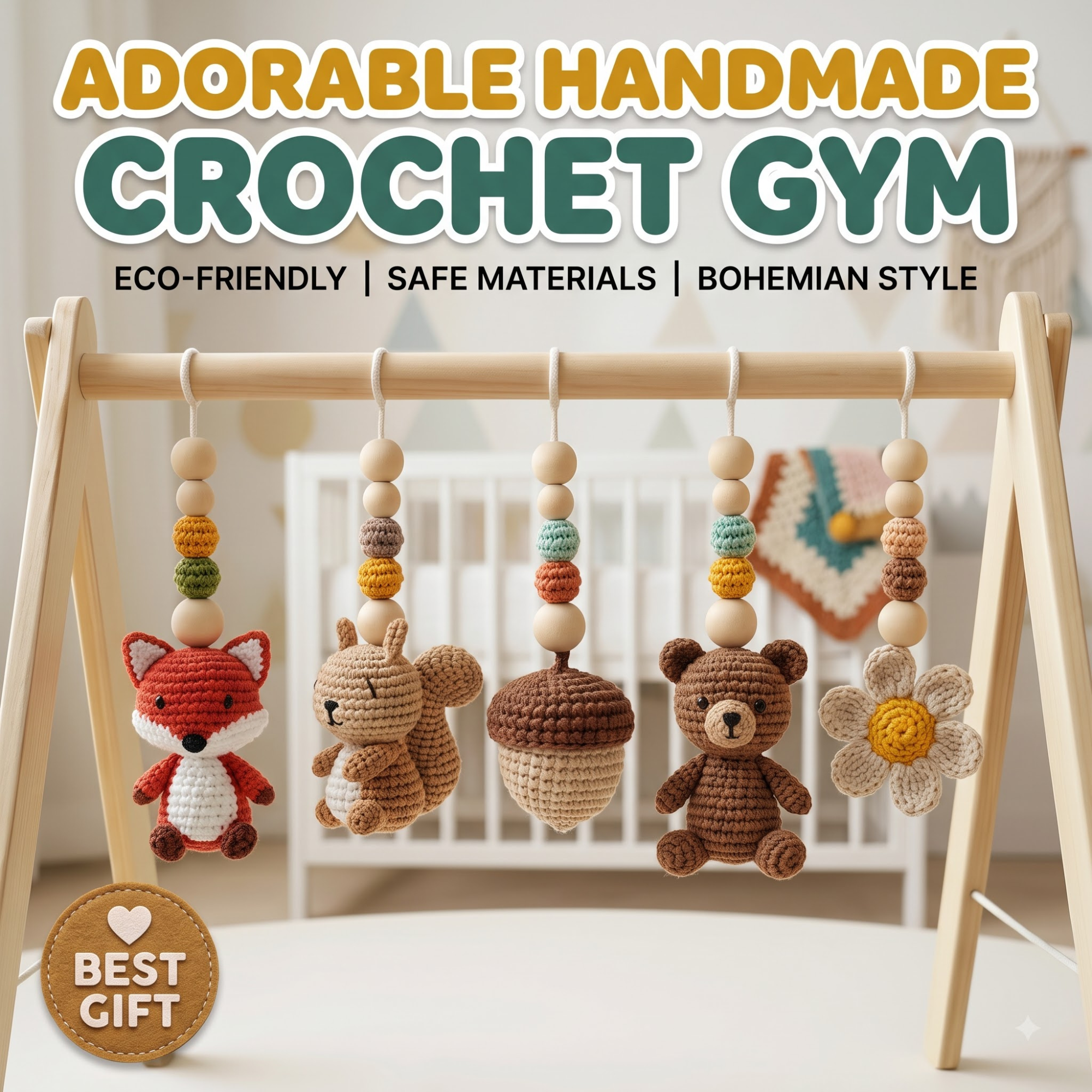 Handmade Custom Woodland Baby Gym | Personalized Wooden Play Gym with Crochet Forest Friends Theme Toys | Neutral Montessori Nursery Decor | Baby Shower Gift