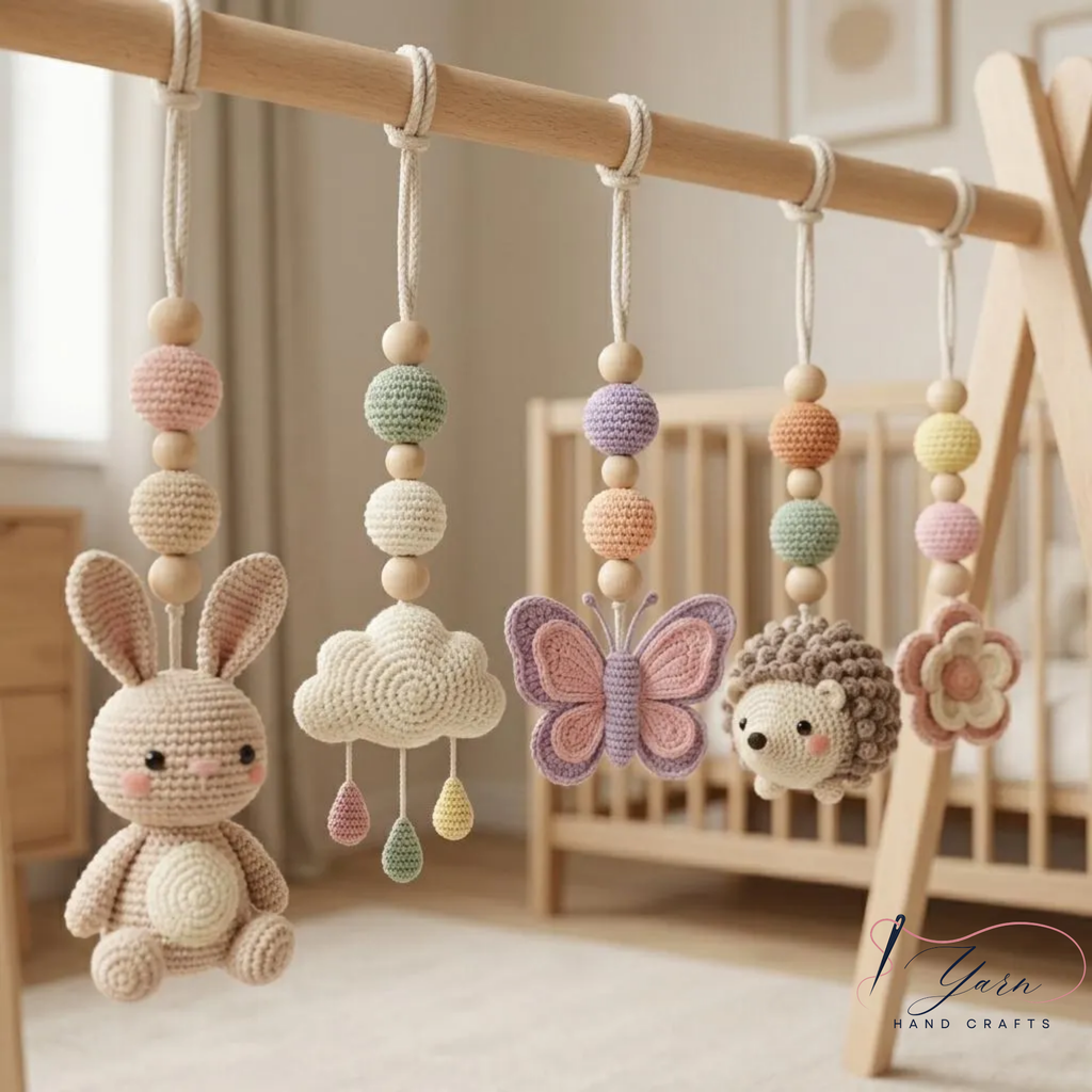 Pastel Baby Gym Toys, Crochet Baby Play Gym, Montessori Activity Gym, Woodland Nursery Decor, Handmade Baby Shower Gift, Neutral Nursery