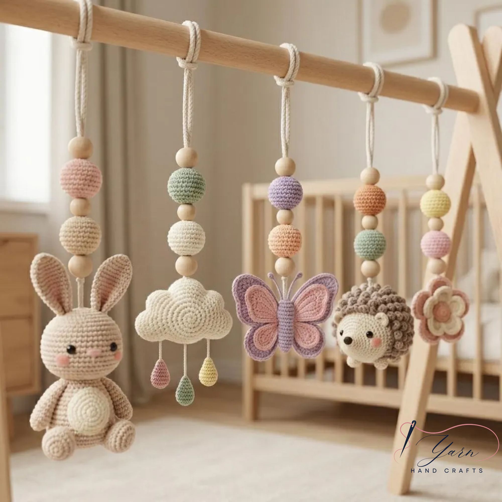 Pastel Baby Gym Toys, Crochet Baby Play Gym, Montessori Activity Gym, Woodland Nursery Decor, Handmade Baby Shower Gift, Neutral Nursery