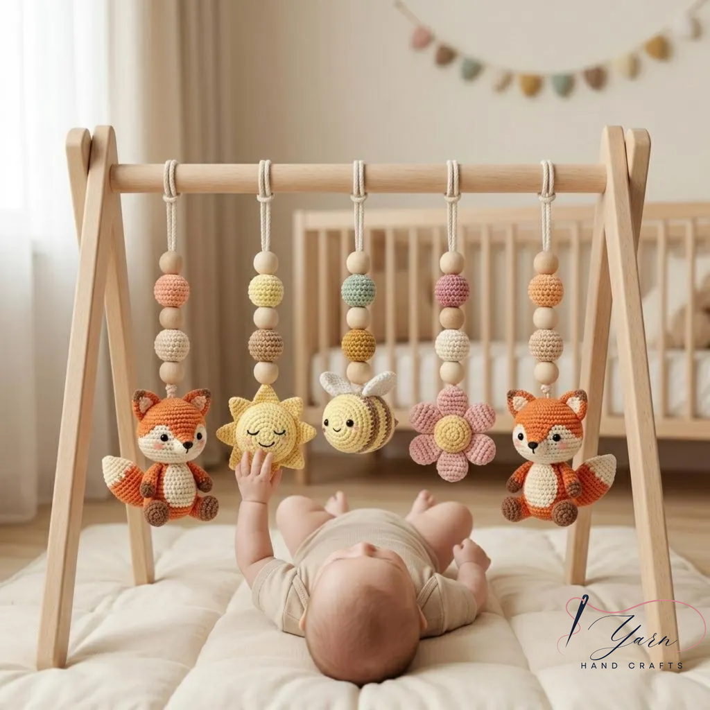 Pastel Baby Gym Toys, Crochet Baby Play Gym, Montessori Activity Gym, Woodland Nursery Decor, Handmade Baby Shower Gift, Neutral Nursery