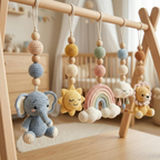 Safari Sky Baby Gym Toys, Crochet Baby Play Gym Set, Montessori Wooden Activity Gym, Rainbow Cloud Sun Nursery Decor, Baby Shower Gift