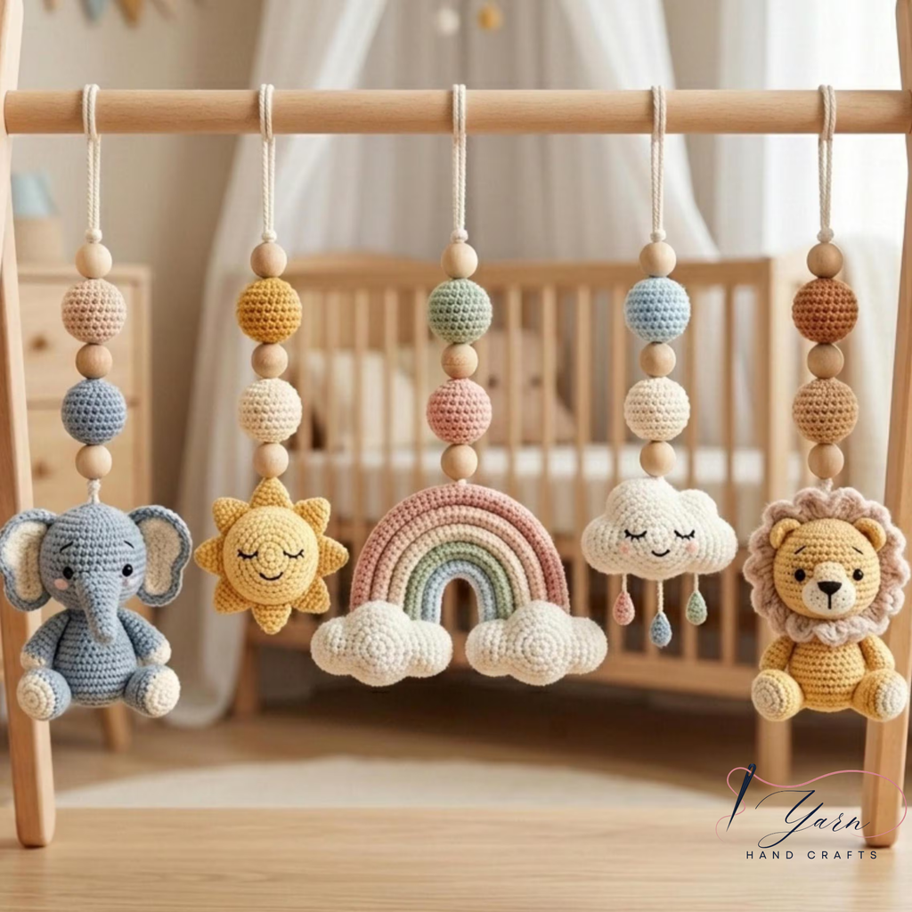 Safari Sky Baby Gym Toys, Crochet Baby Play Gym Set, Montessori Wooden Activity Gym, Rainbow Cloud Sun Nursery Decor, Baby Shower Gift