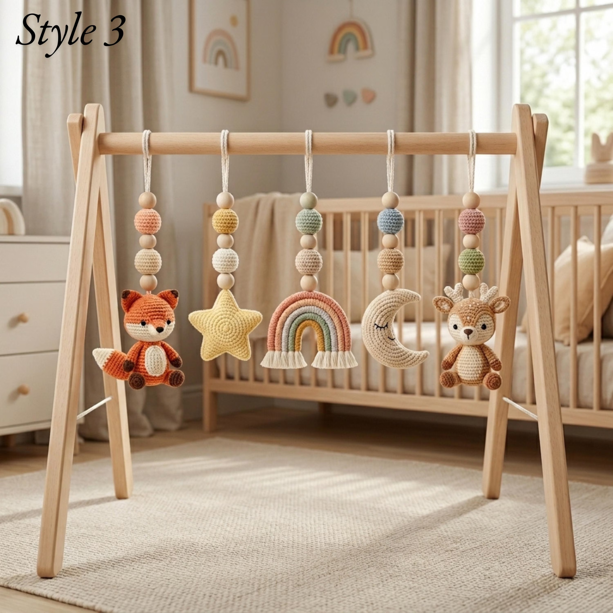 Safari Sky Baby Gym Toys, Crochet Baby Play Gym Set, Montessori Wooden Activity Gym, Rainbow Cloud Sun Nursery Decor, Baby Shower Gift